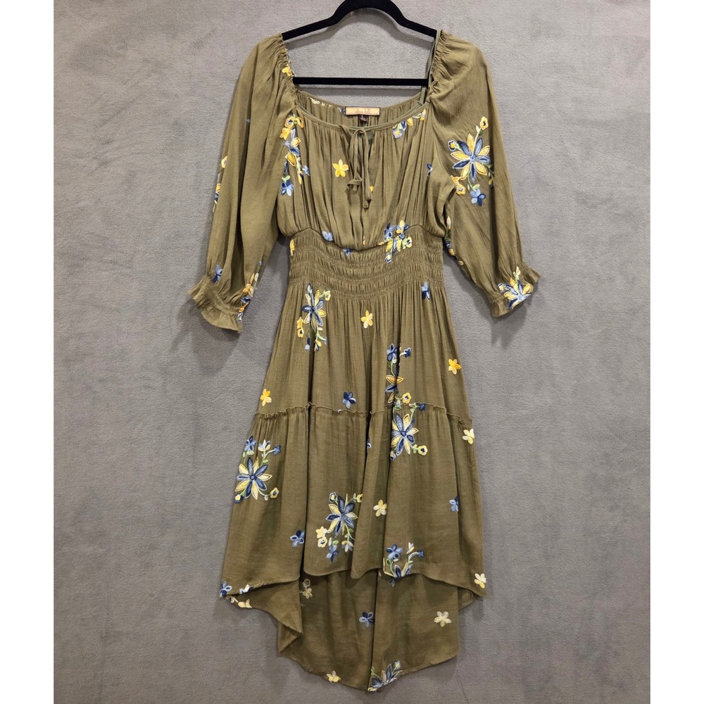 Olive Hill Floral Embroidered Smocked High Low Maxi Dress Women's Large Boho‎